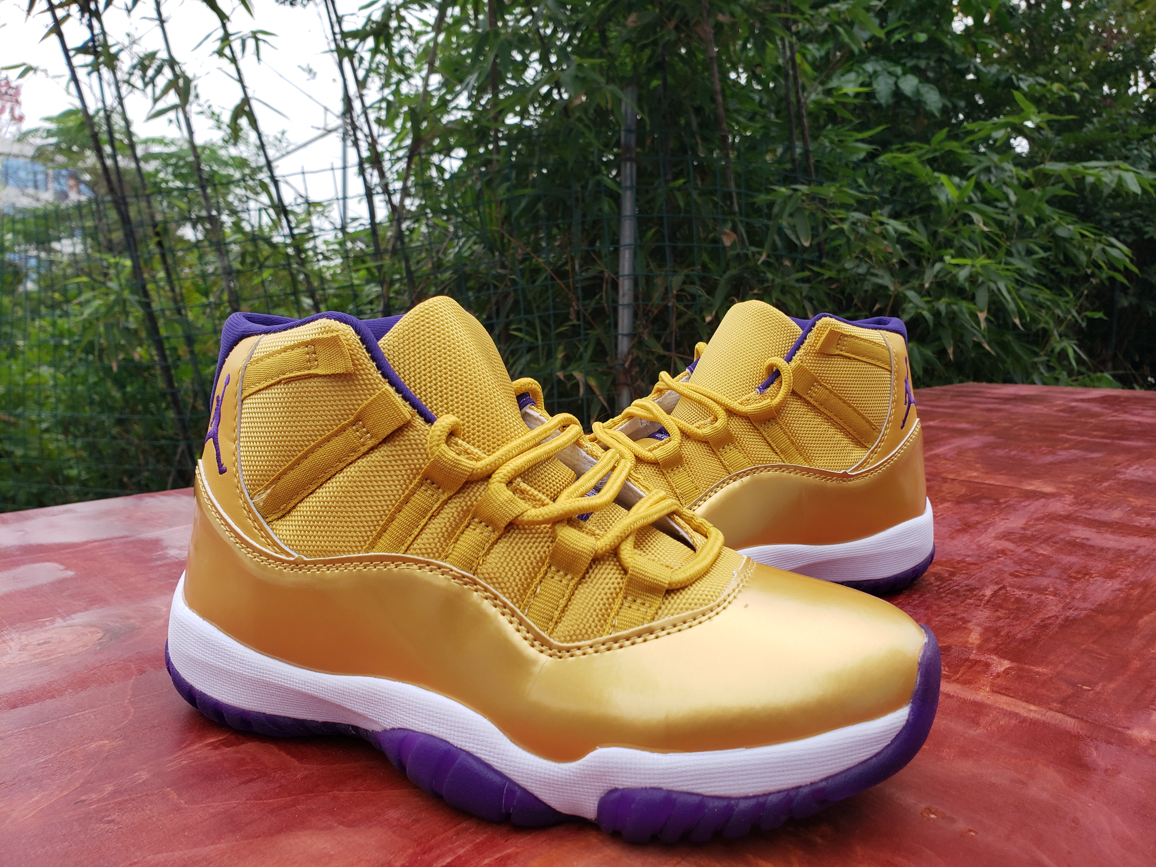 2020 Men Air Jordan 11 High Gold Purple White Shoes - Click Image to Close